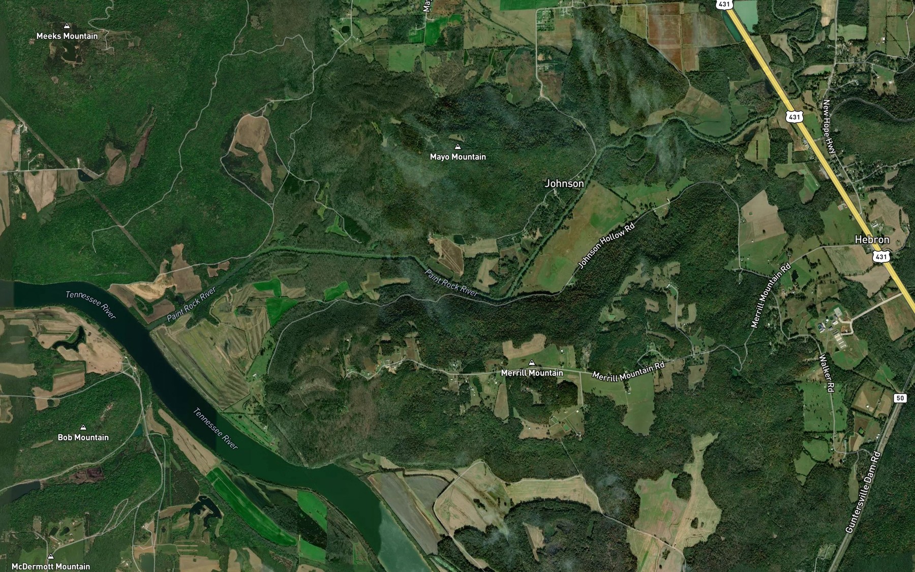 Satellite map of the Paint Rock River