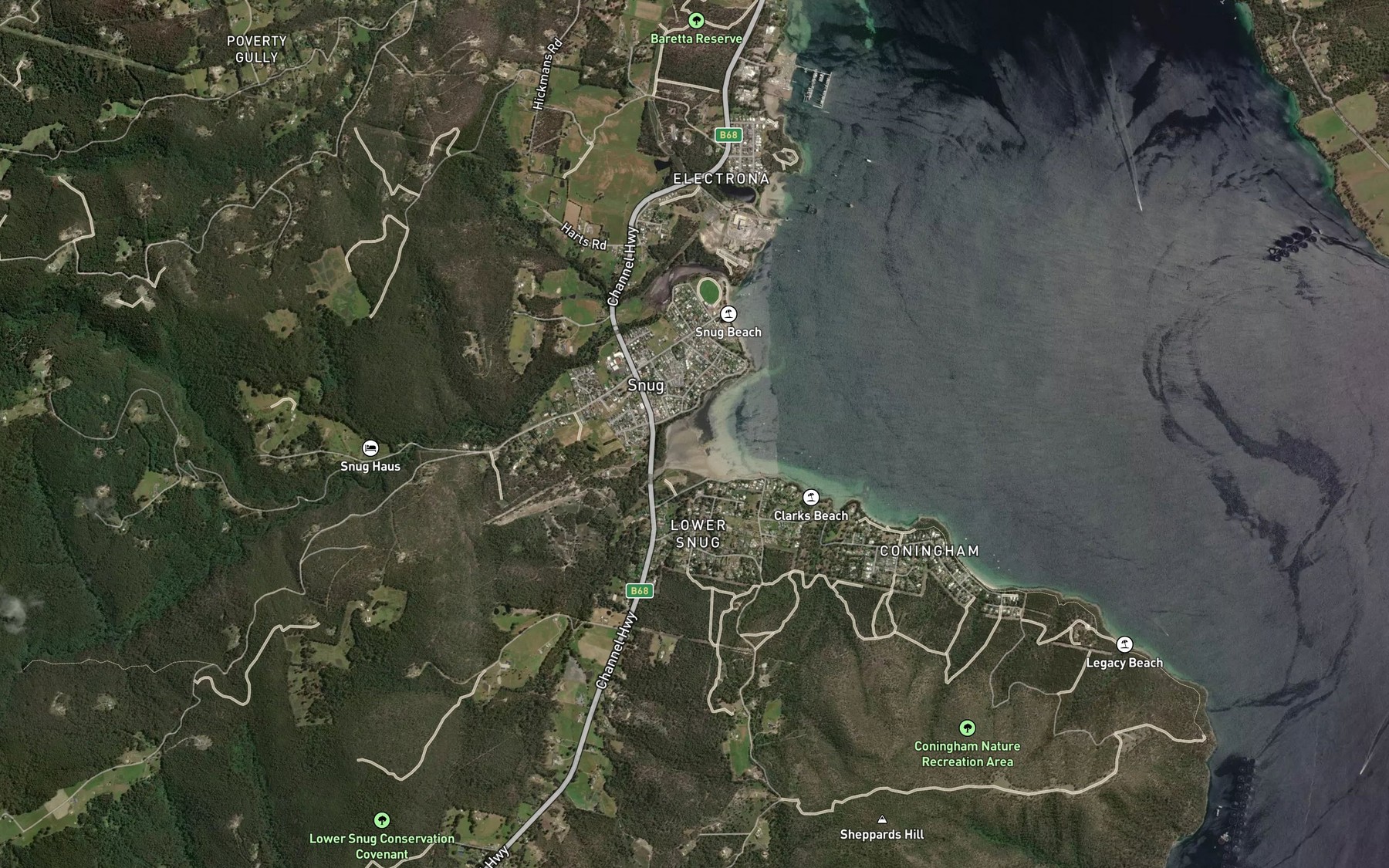 Satellite map of the Snug Bay