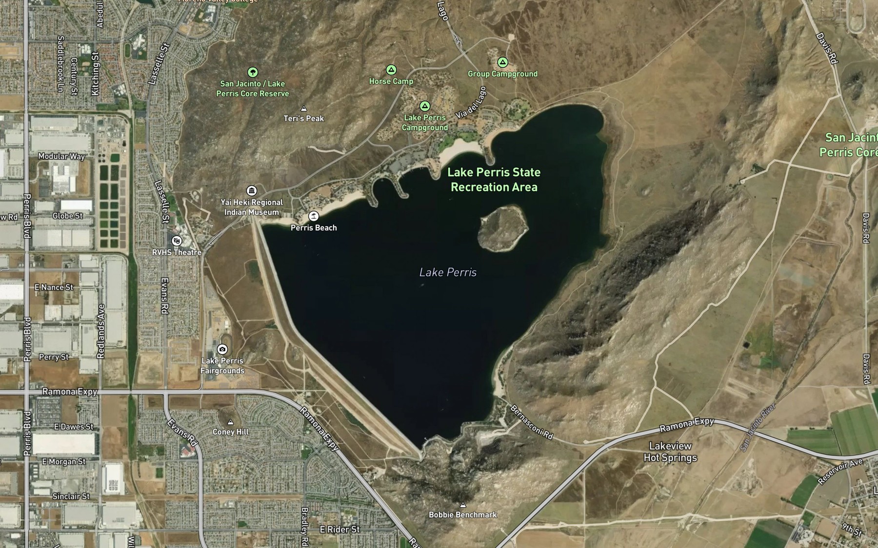Satellite map of the Perris Reservoir