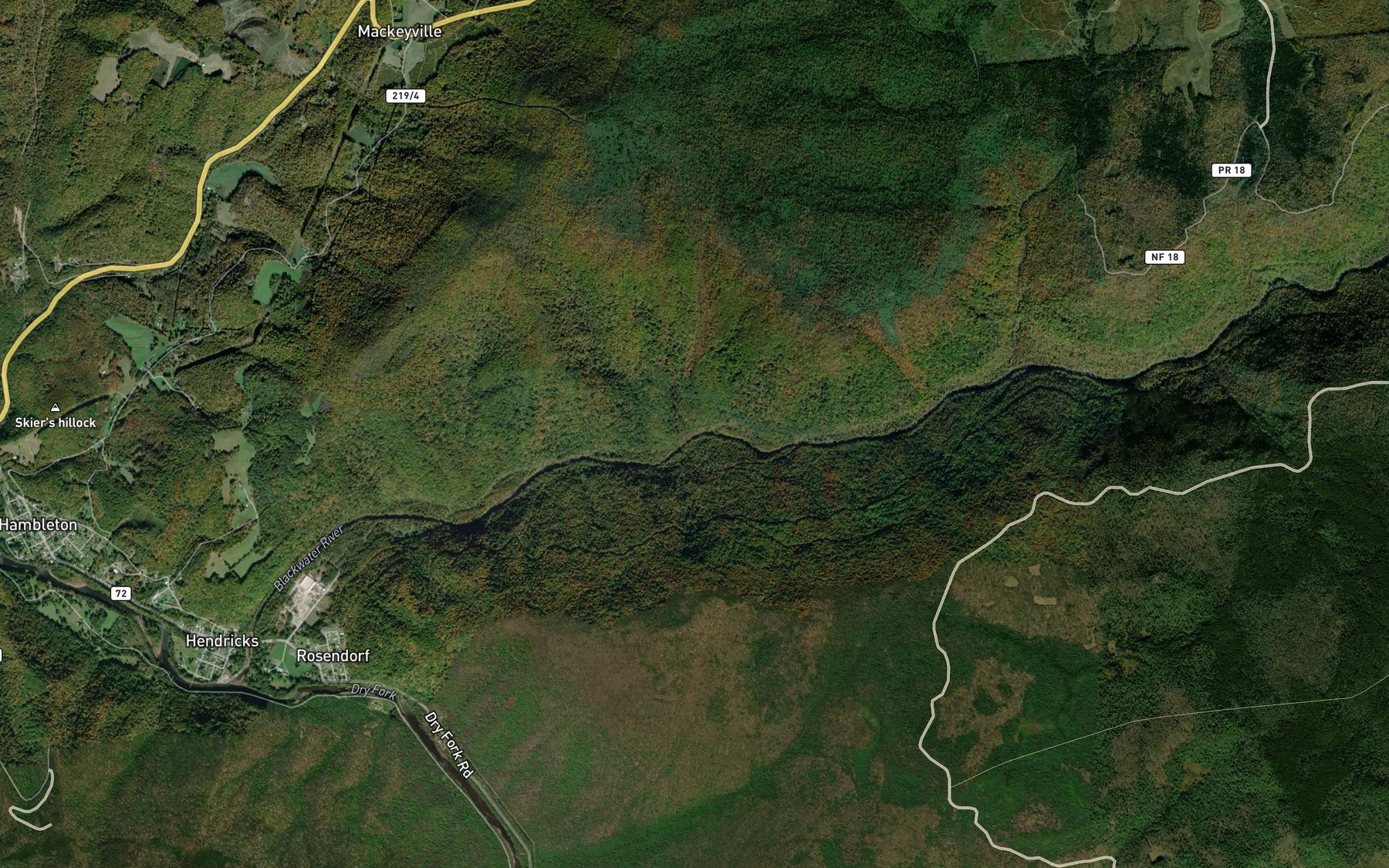 Satellite map of the Flat Rock Run