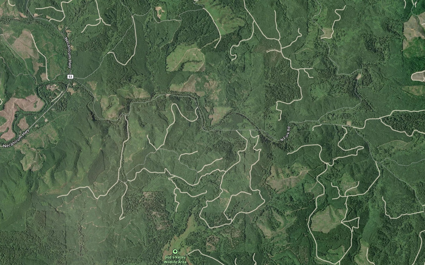 Satellite map of the Gods Valley Creek
