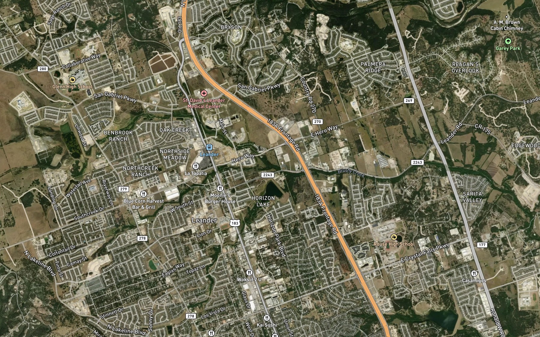 Satellite map of the South Fork Brushy Creek