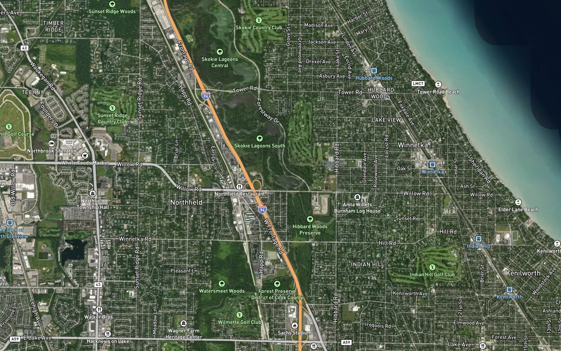 Satellite map of the Skokie Lagoons