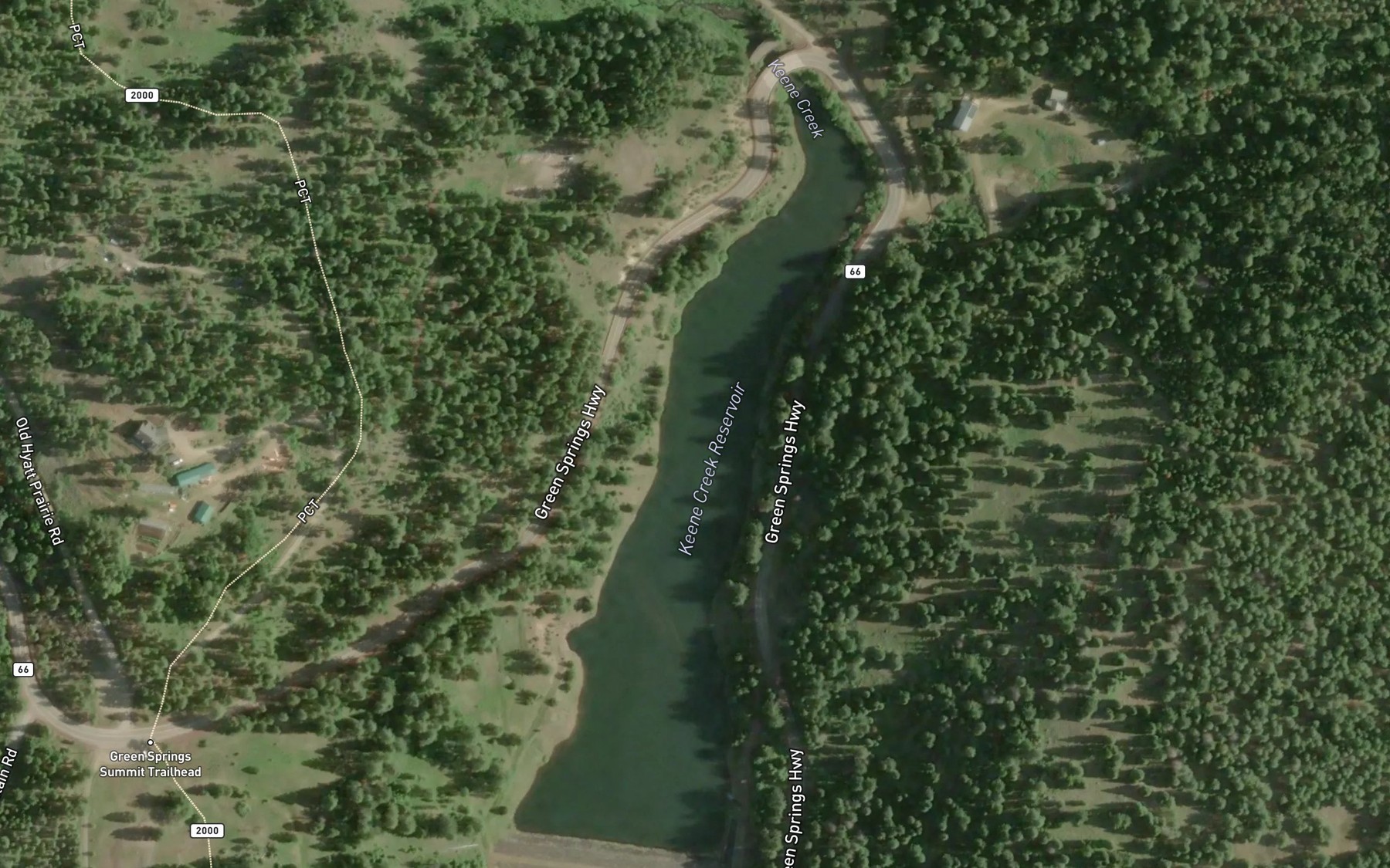 Satellite map of the Keene Creek Reservoir