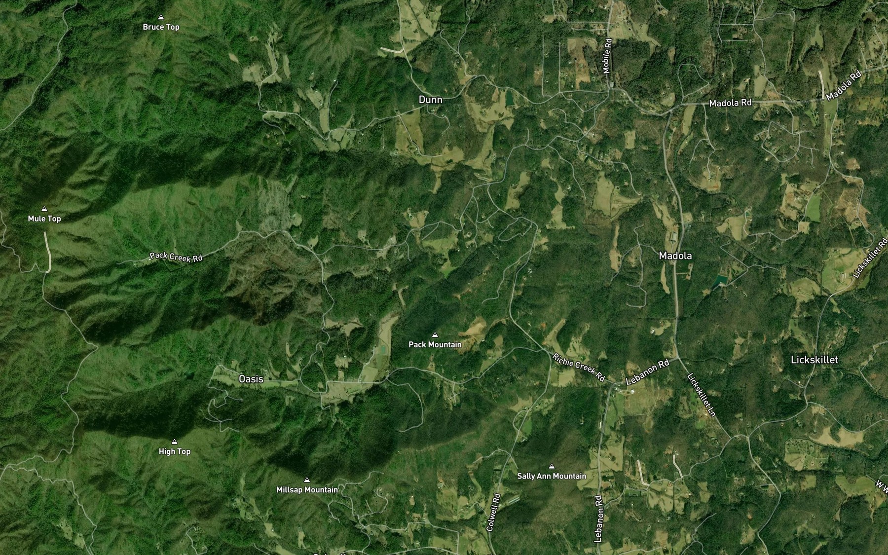 Satellite map of the Pack Creek
