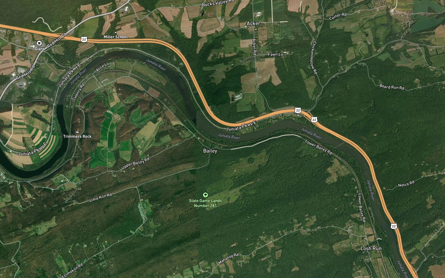 Satellite map of the Bailey Run