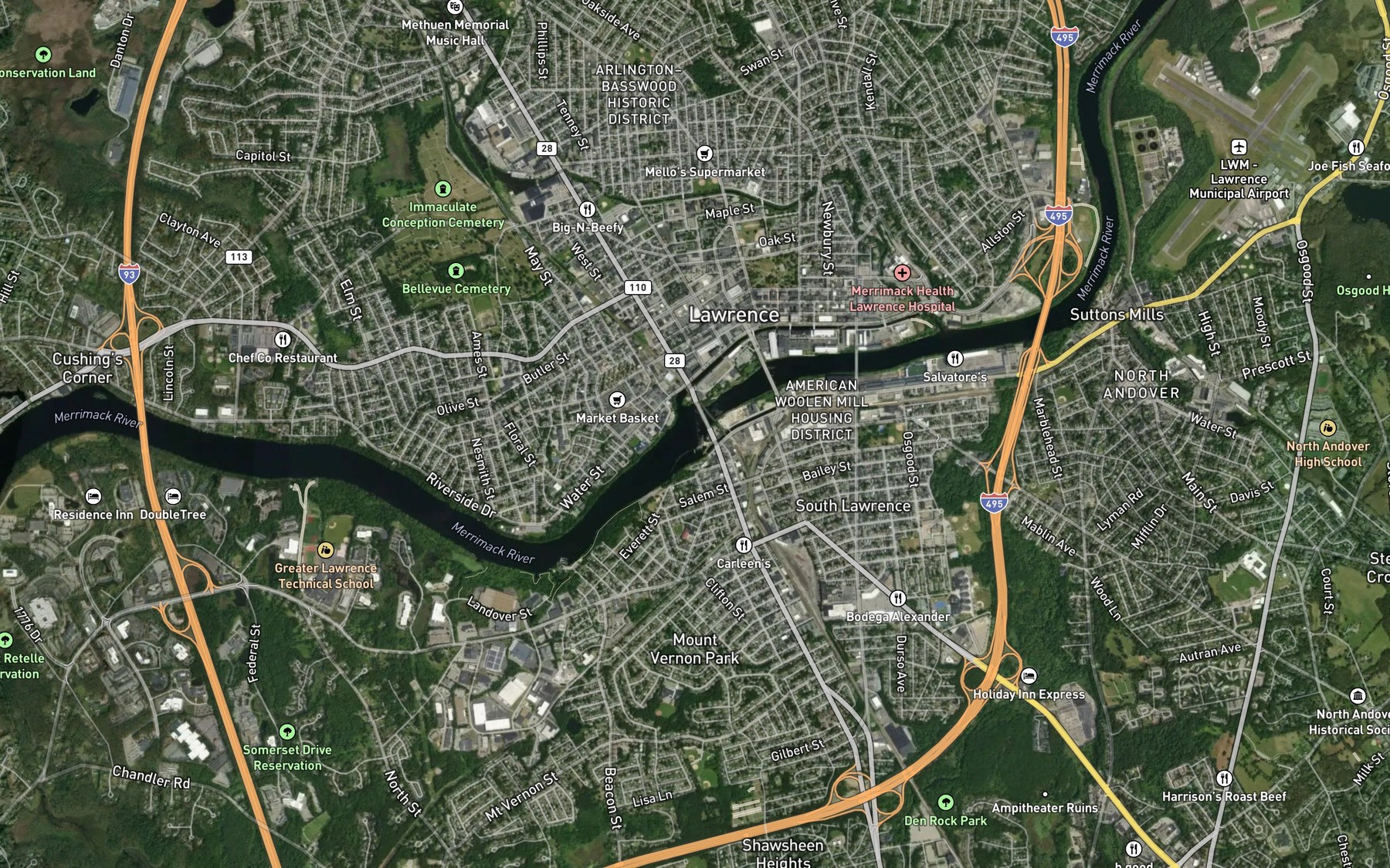 Satellite map of the Merrimack River Reservoir