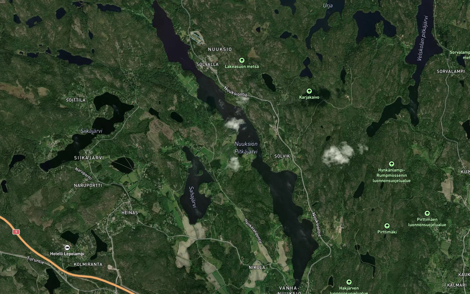 Satellite map of the Nuuksion Pitkaejaervi