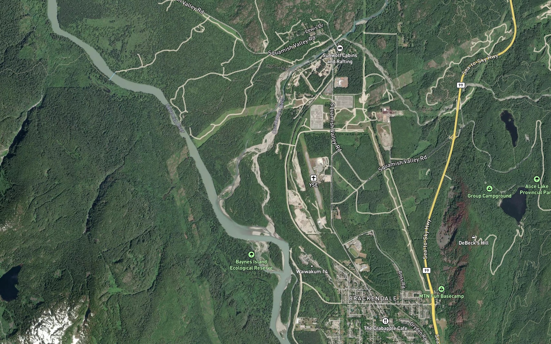 Satellite map of the Cheakamus River