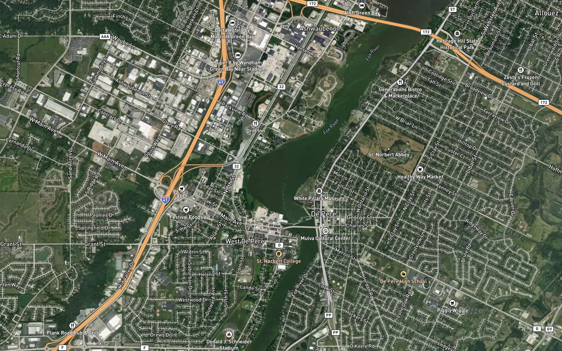Satellite map of the Fox River