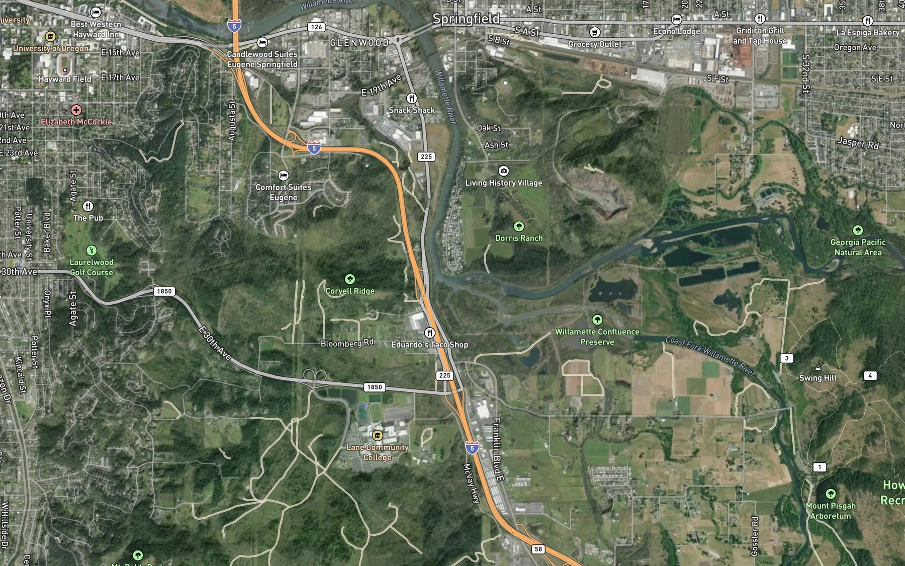 Satellite map of the Middle Fork Willamette River