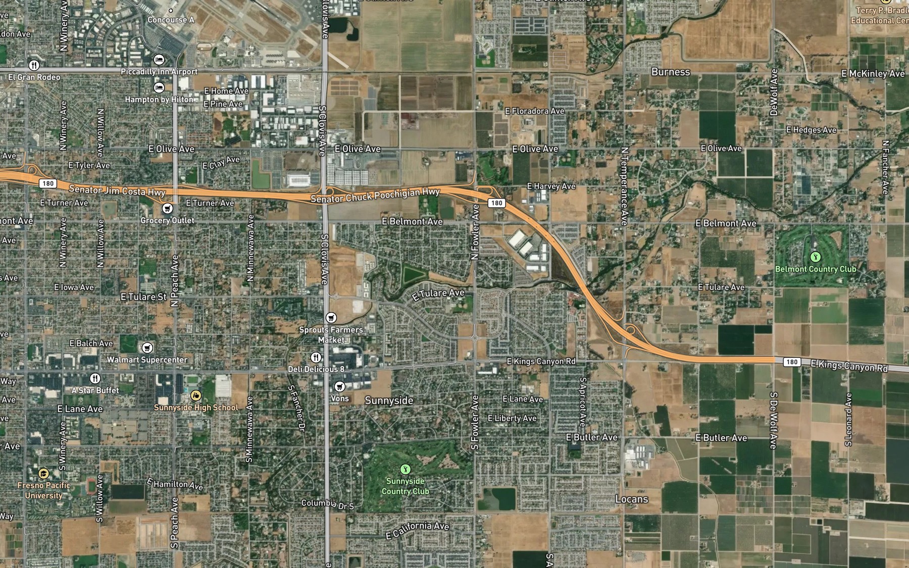 Satellite map of the Fancher Creek Canal