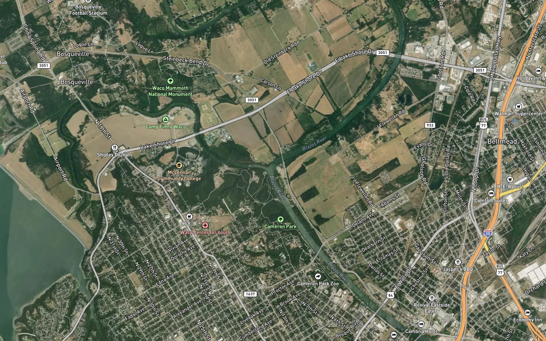 Satellite map of the Bosque River