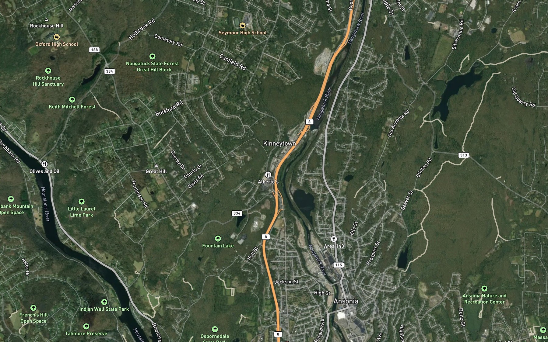 Satellite map of the Kinneytown Brook