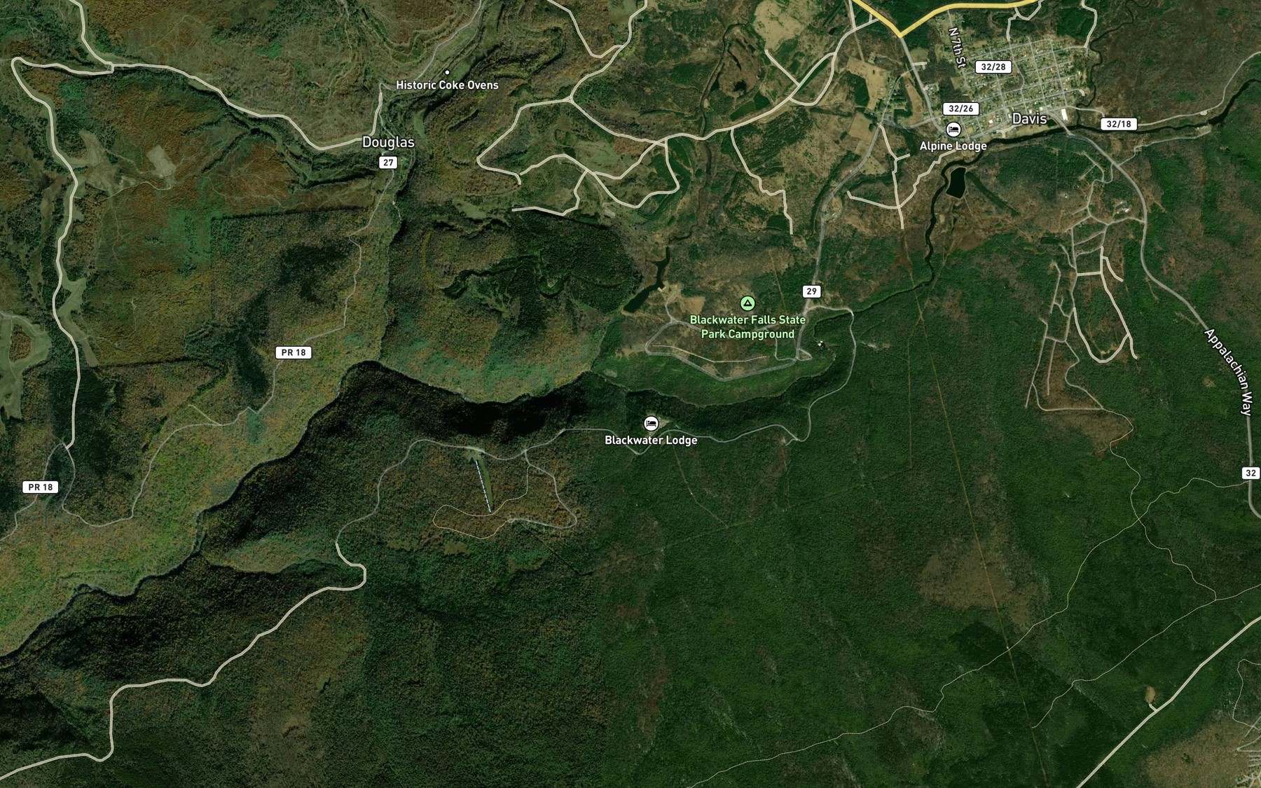 Satellite map of the Shays Run