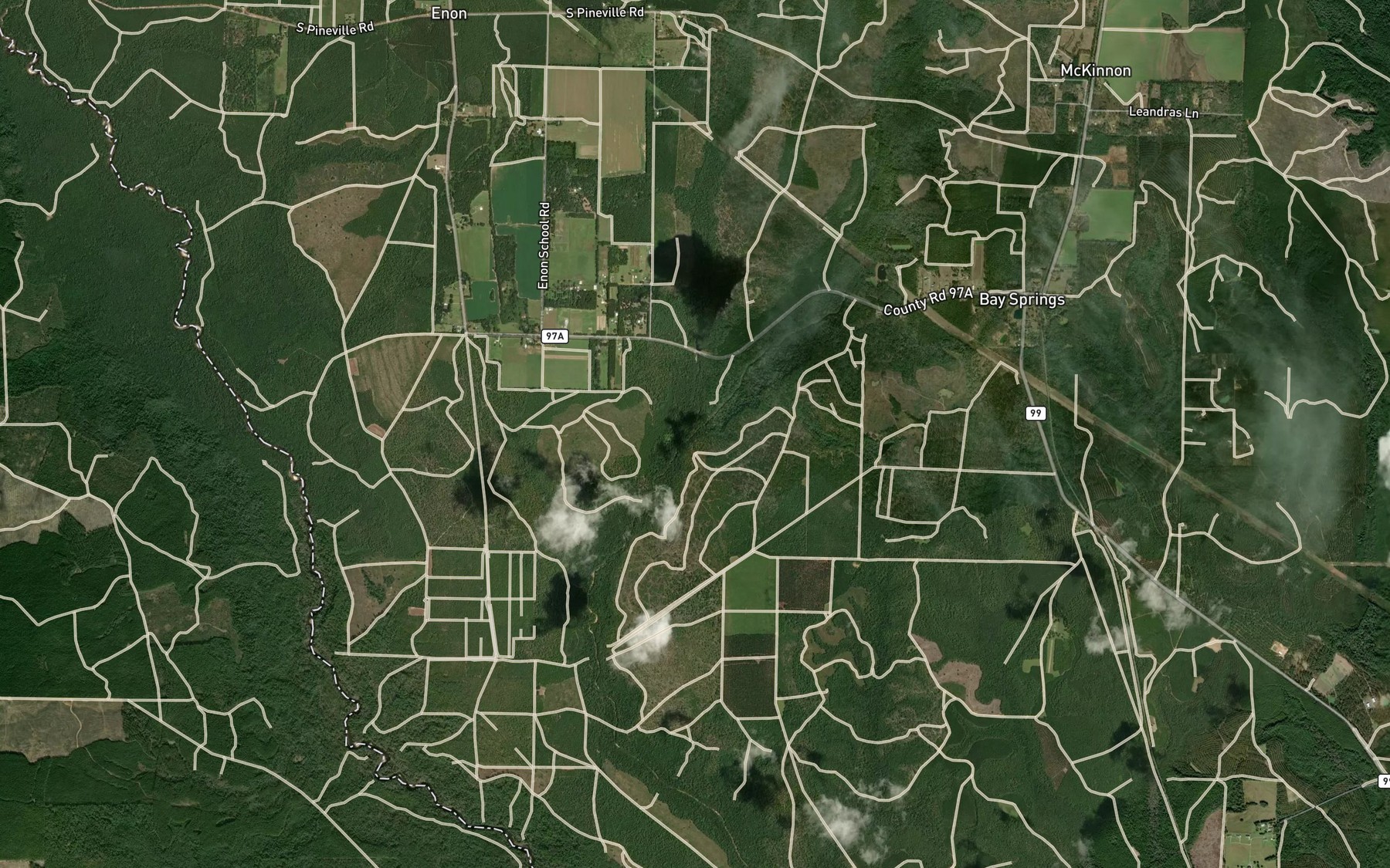 Satellite map of the West Fork Boggy Creek