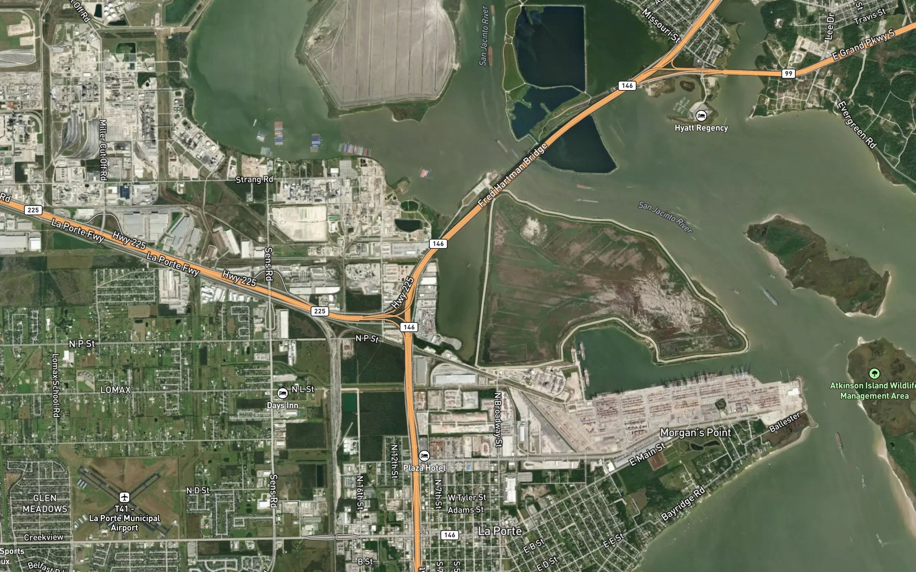 Satellite map of the Lower San Jacinto Bay
