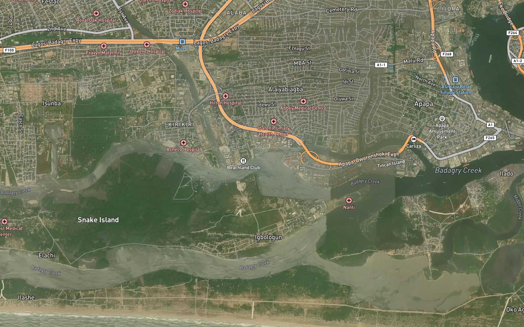 Satellite map of the Porto Novo Creek