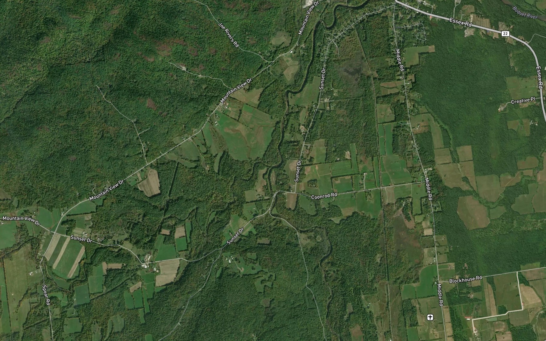 Satellite map of the North Branch Boquet River