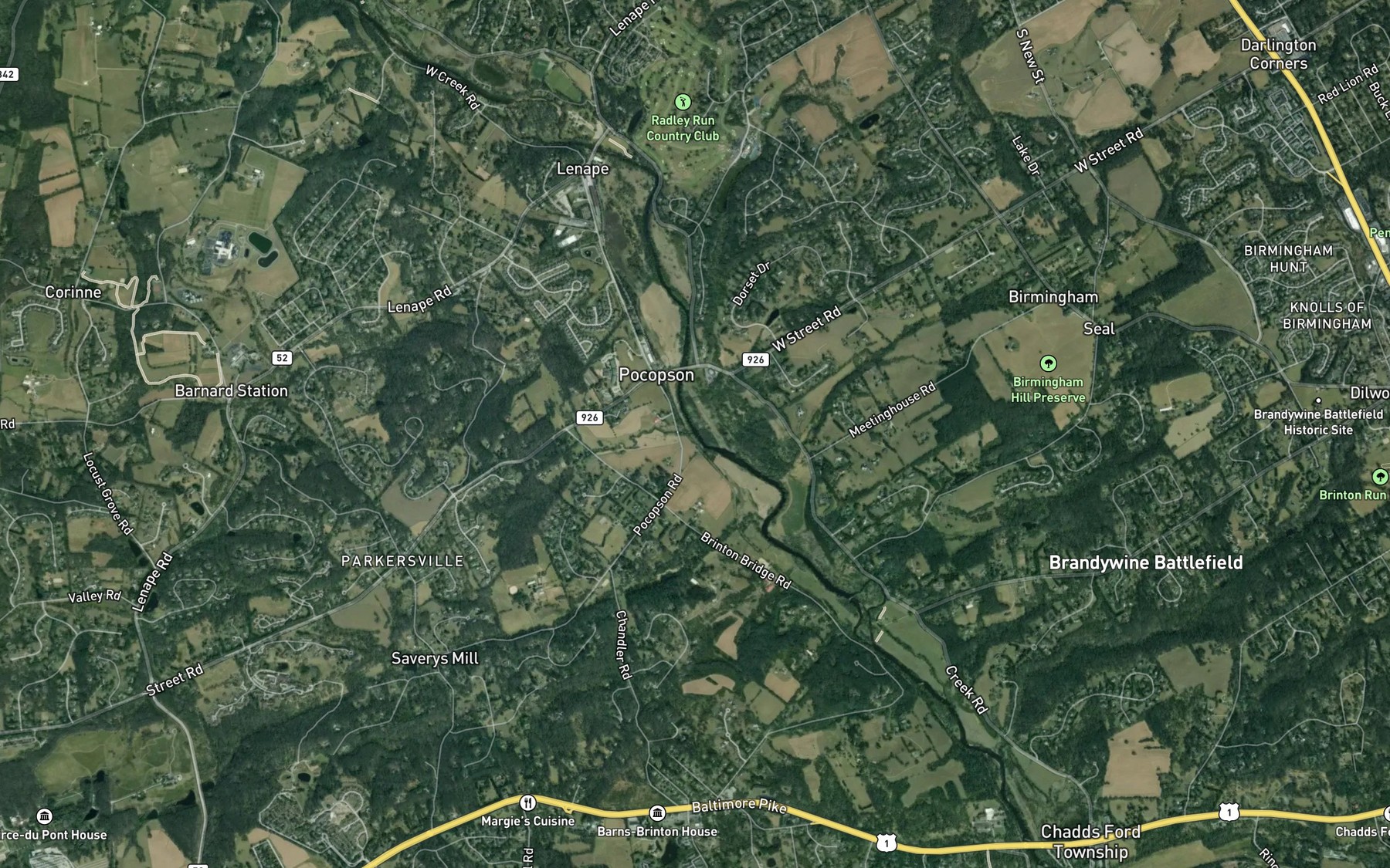 Satellite map of the Pocopson Creek