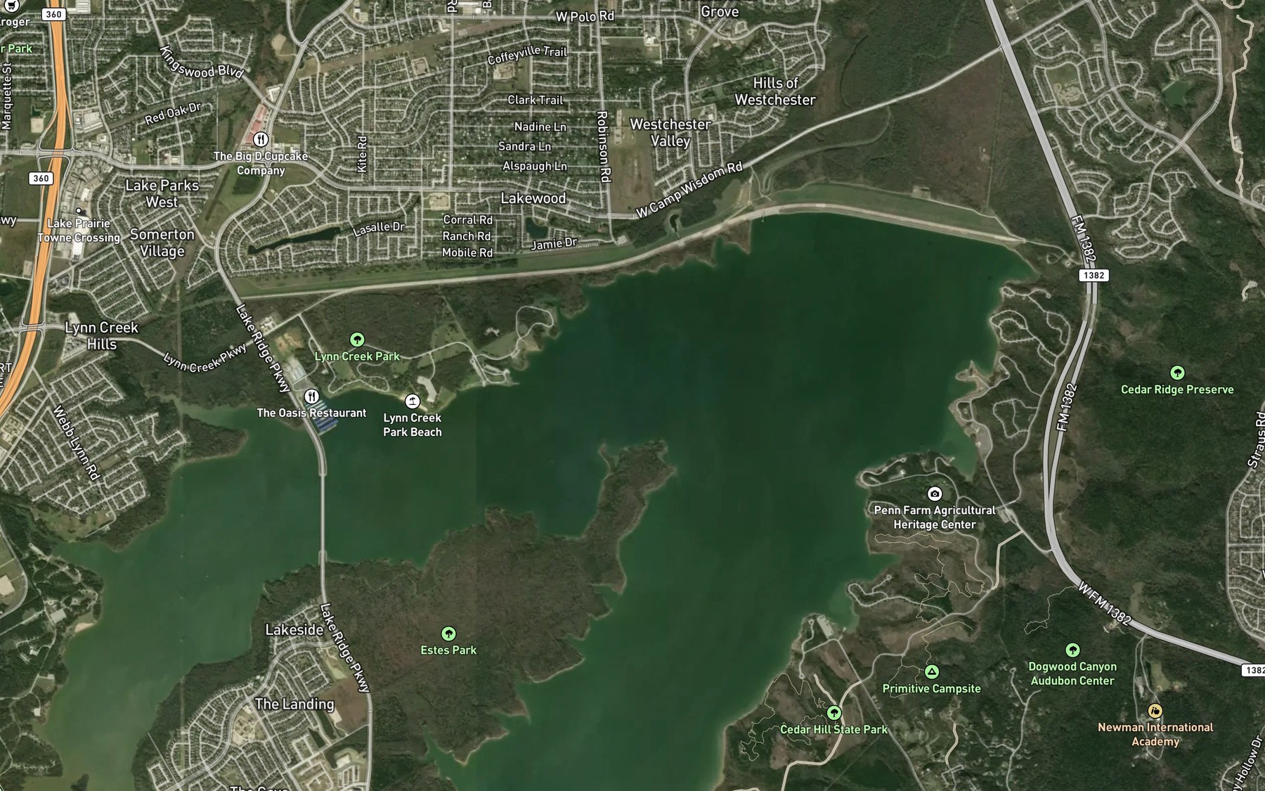 Satellite map of the Joe Pool Lake