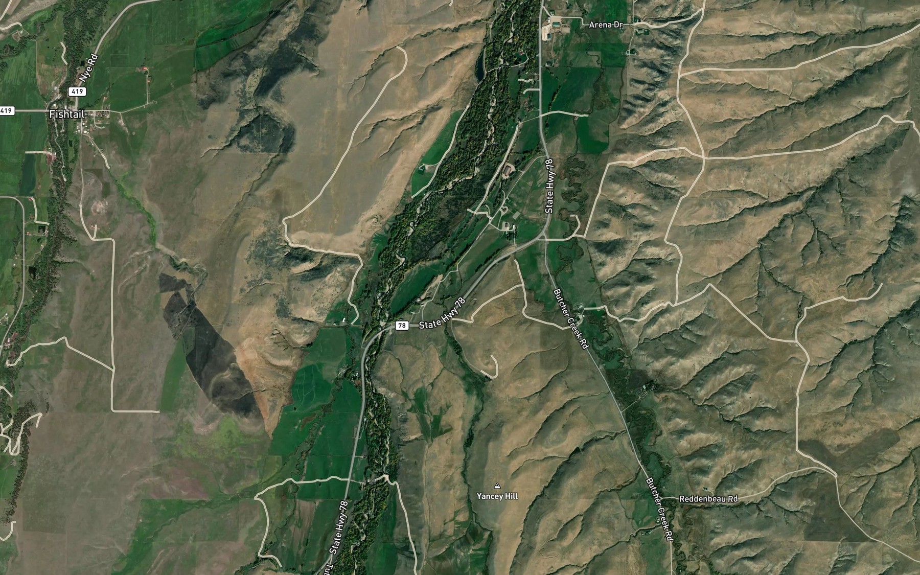 Satellite map of the Butcher Creek Rosebud Ditch County