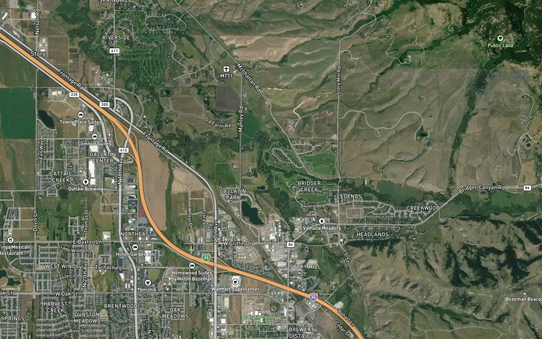 Satellite map of the Bridger Creek