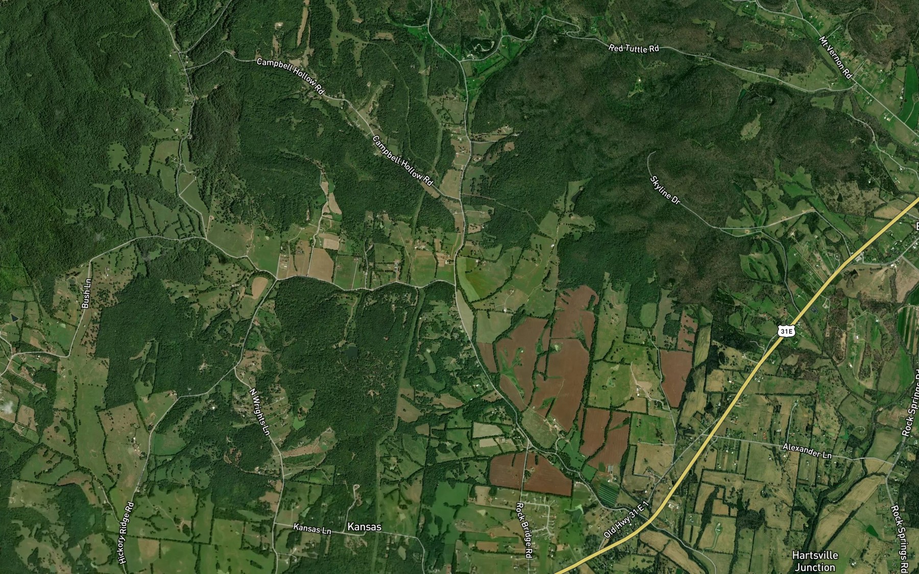 Satellite map of the Pryor Branch