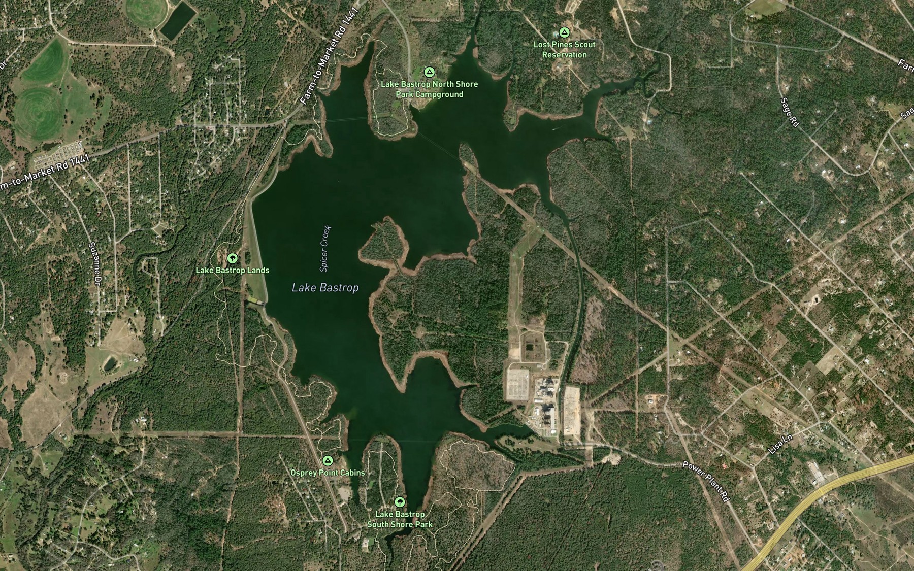 Satellite map of the Lake Bastrop