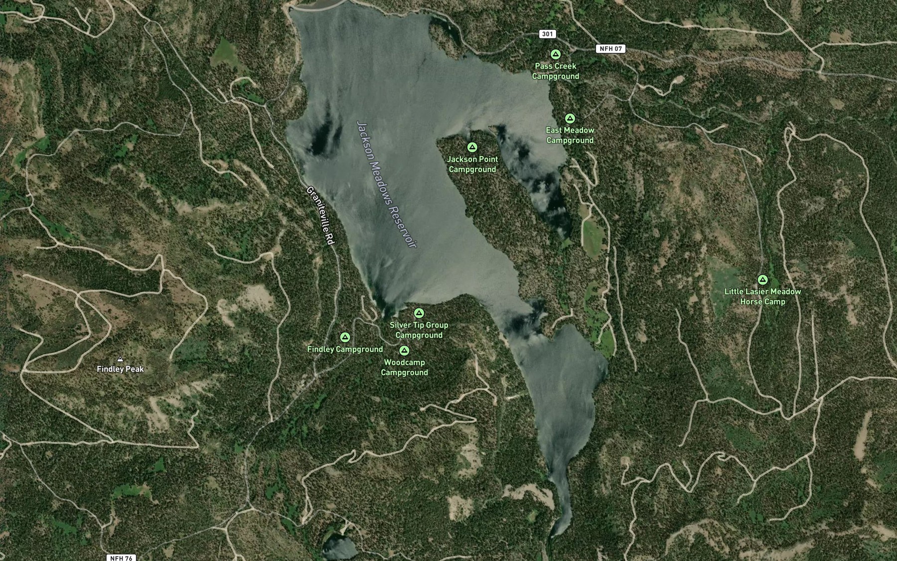 Satellite map of the Jackson Meadows Reservoir