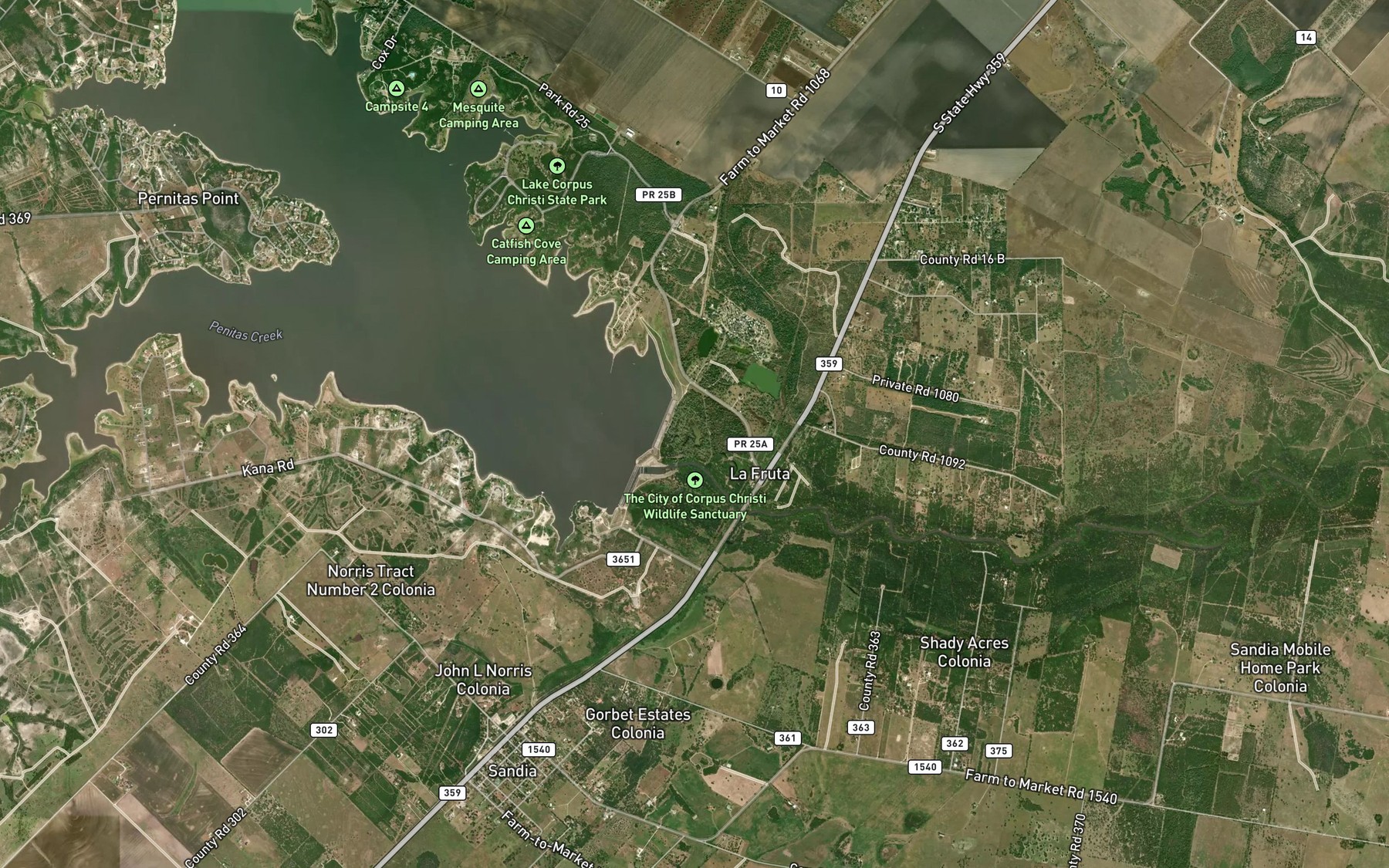 Satellite map of the Lake Corpus Christi