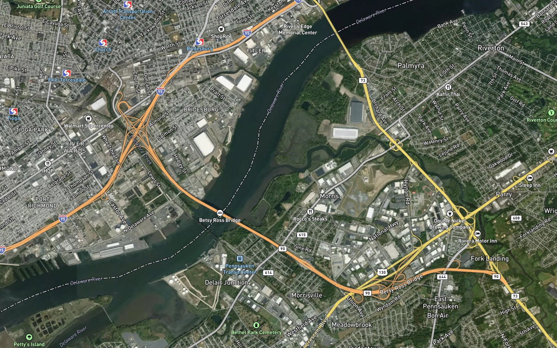 Satellite map of the Pennsauken Creek