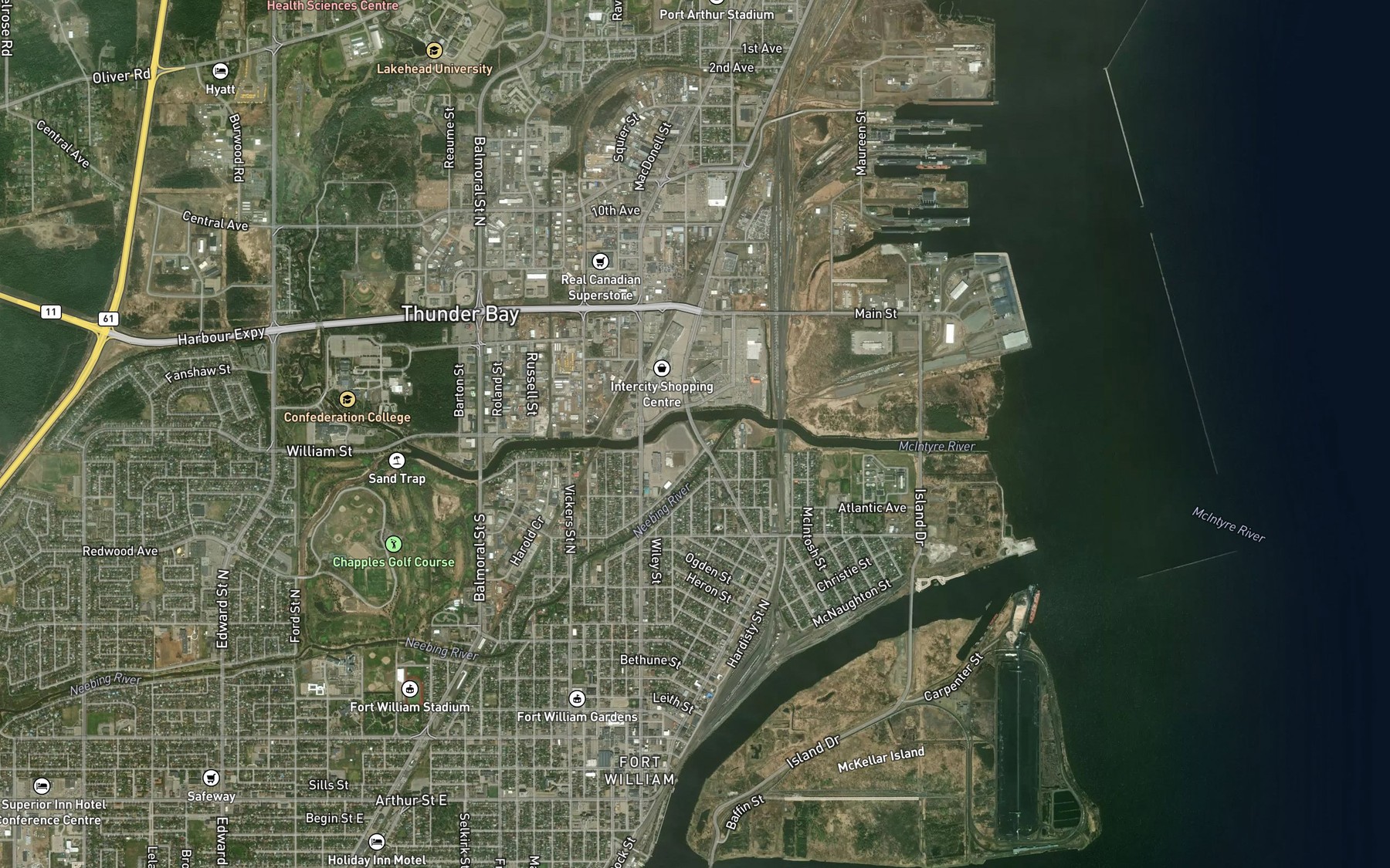Satellite map of the Neebing River