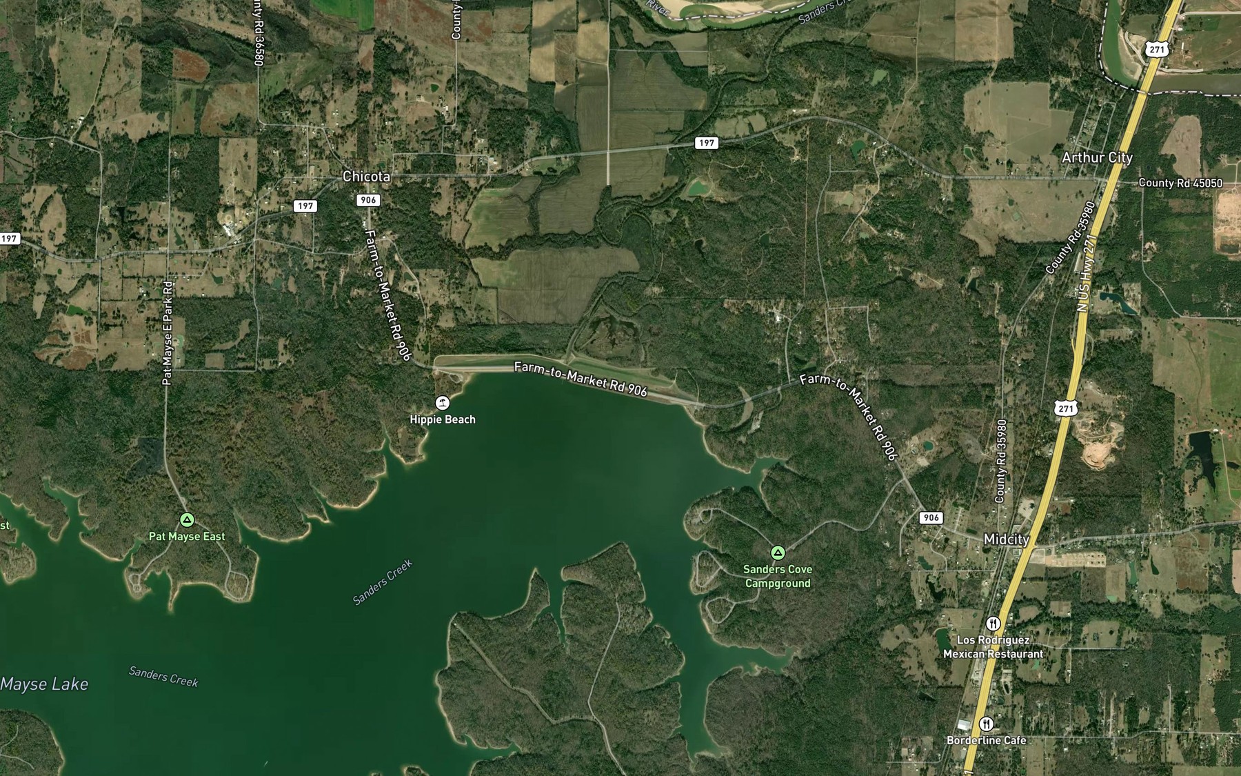 Satellite map of the Pat Mayse Reservoir