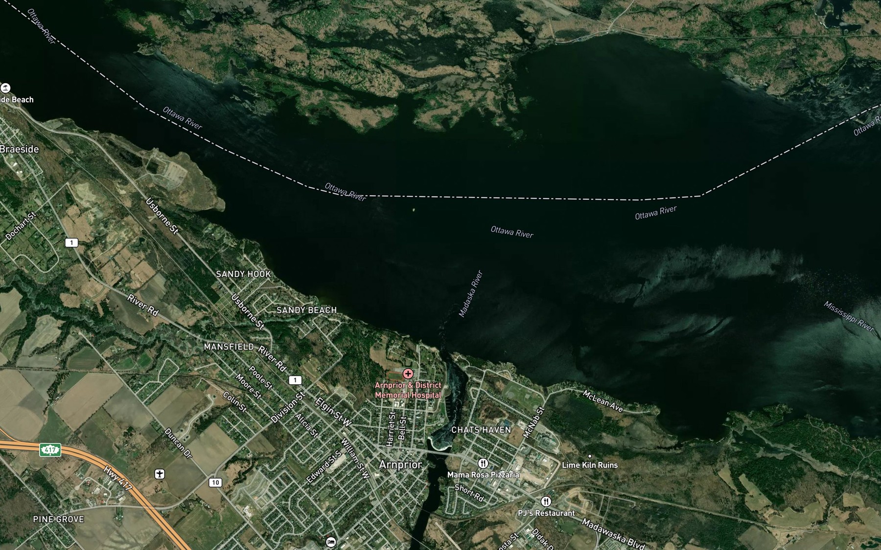 Satellite map of the Madawaska River