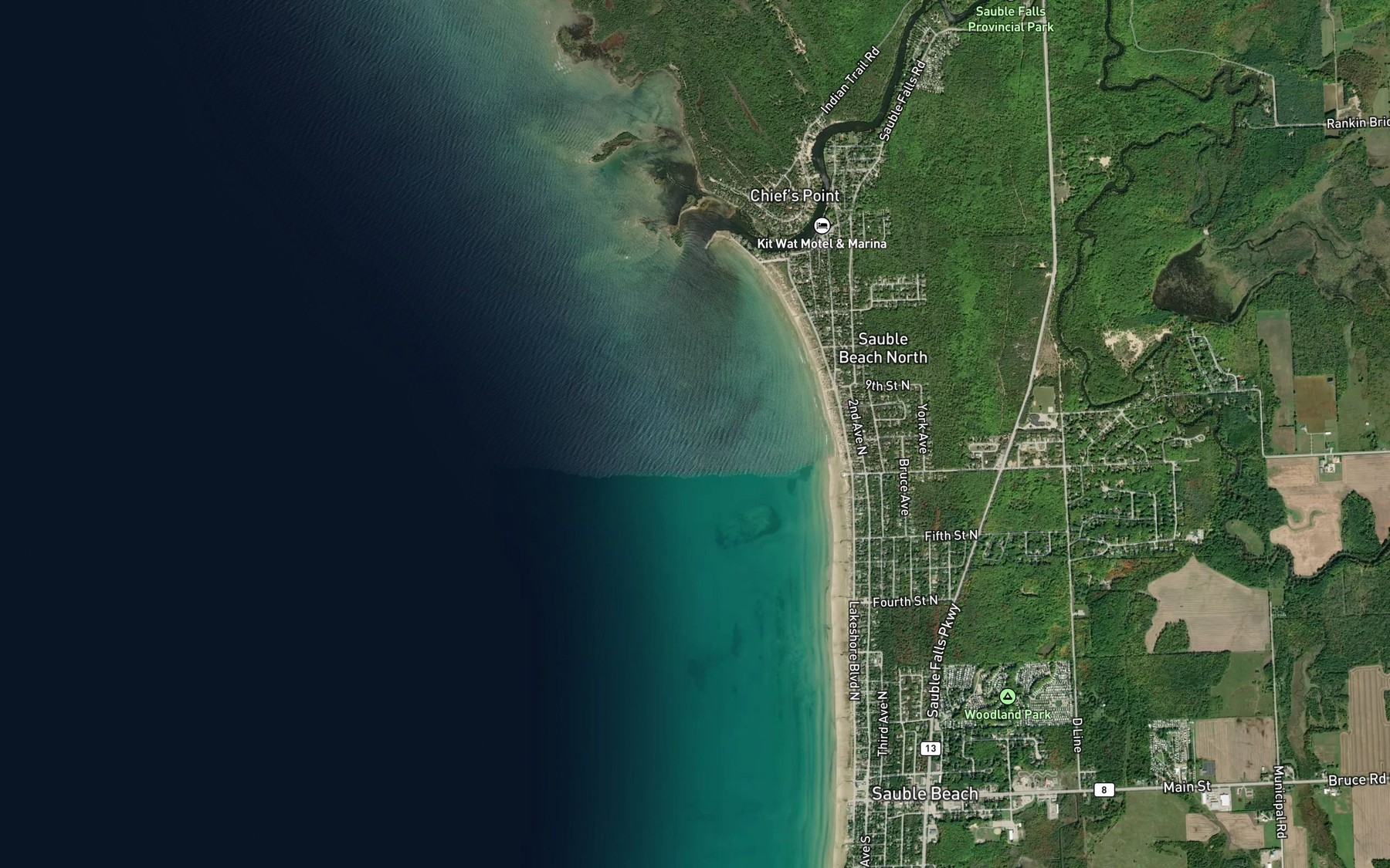Satellite map of the Sauble River