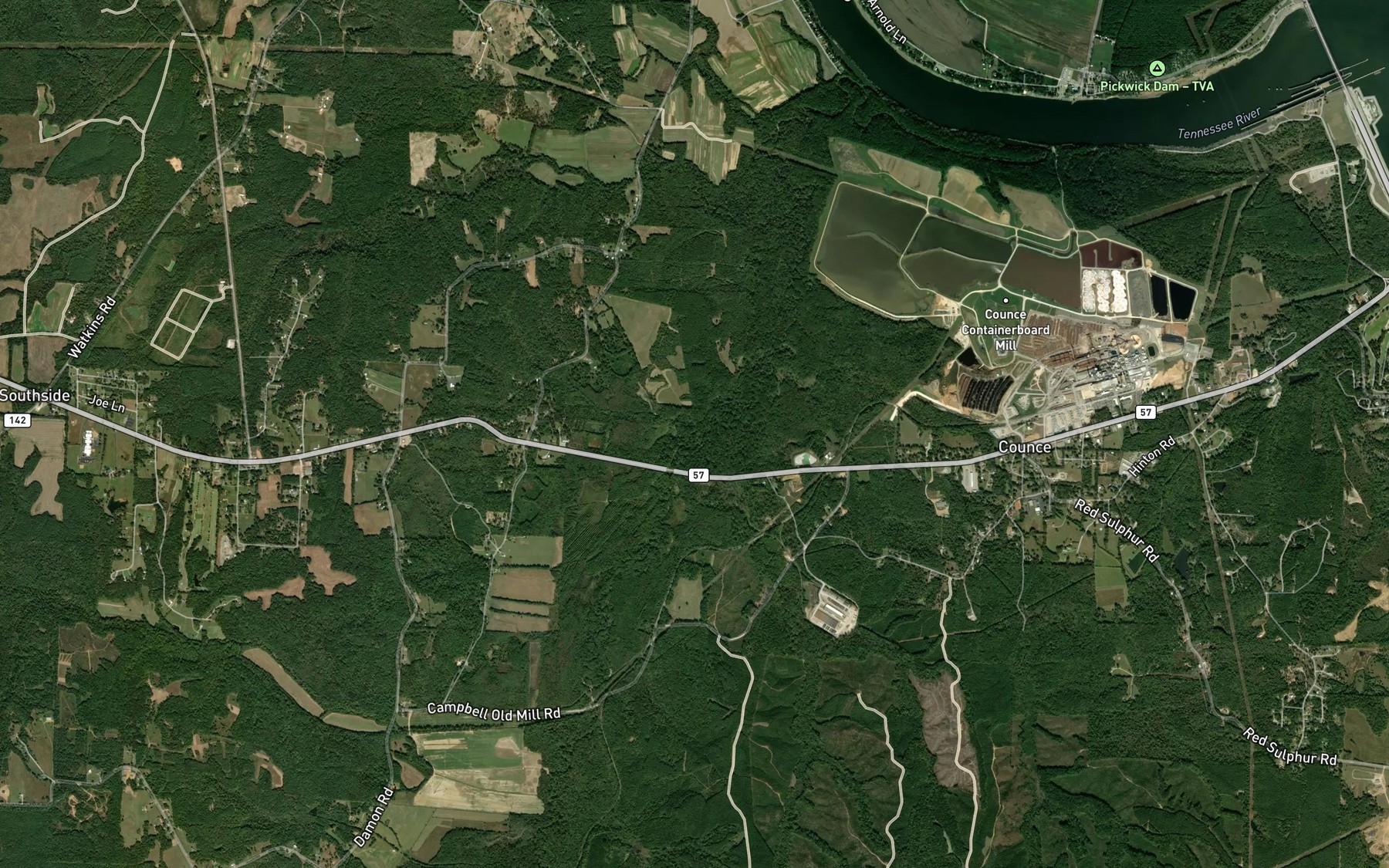 Satellite map of the Center Hill Branch