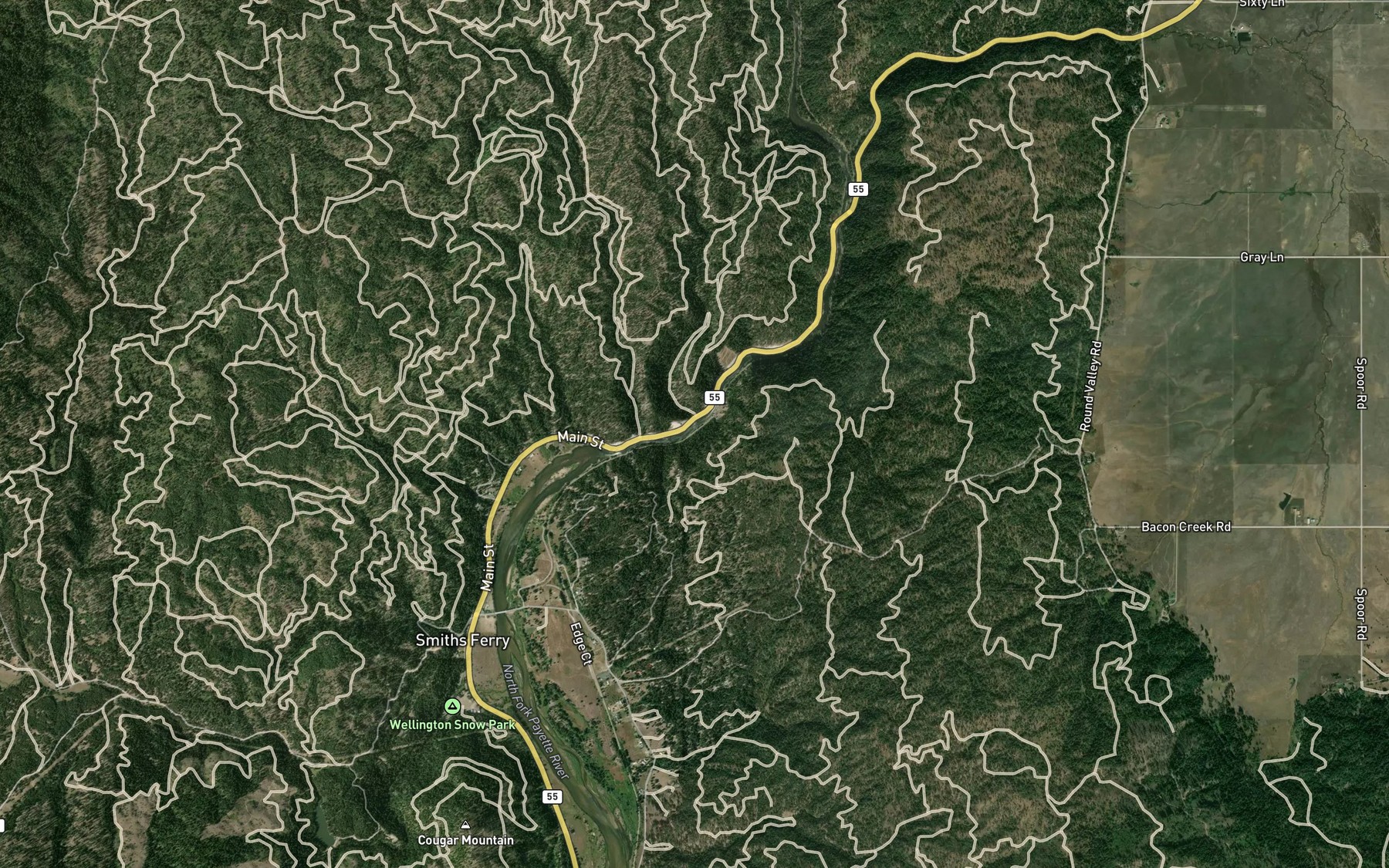 Satellite map of the Bogus Creek