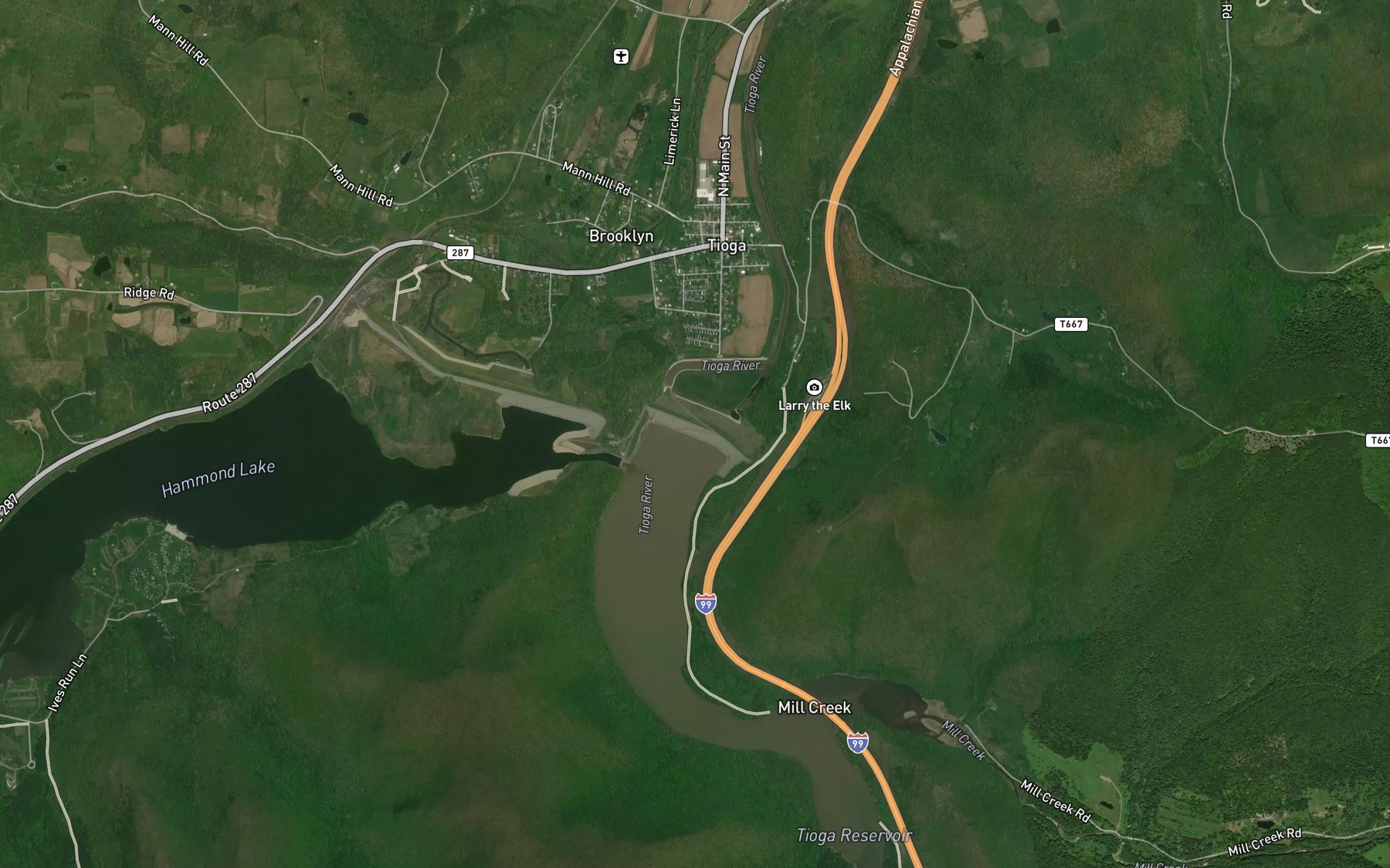 Satellite map of the Tioga Reservoir