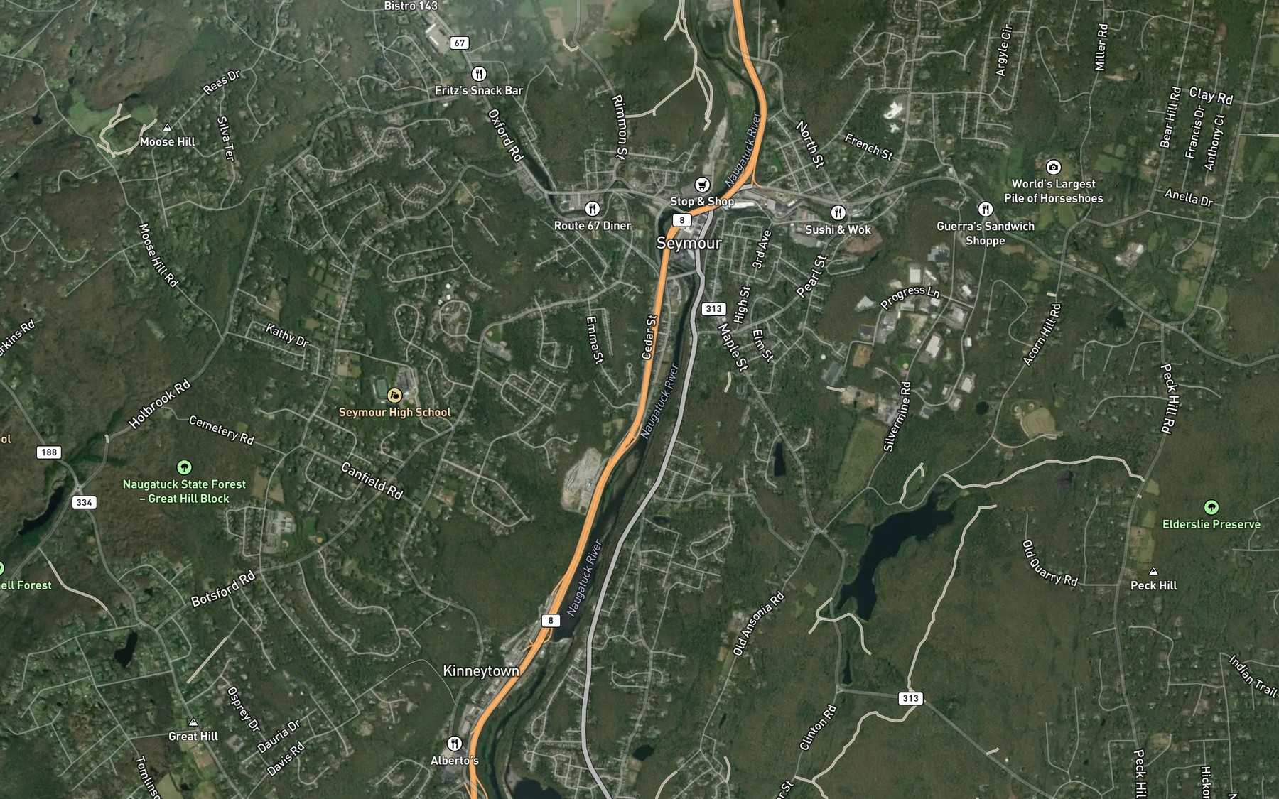 Satellite map of the Globe Mill Brook