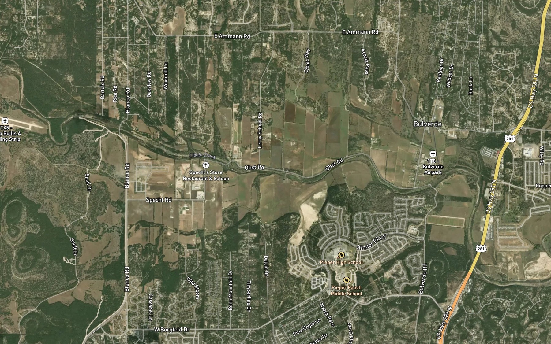 Satellite map of the Meusebach Creek