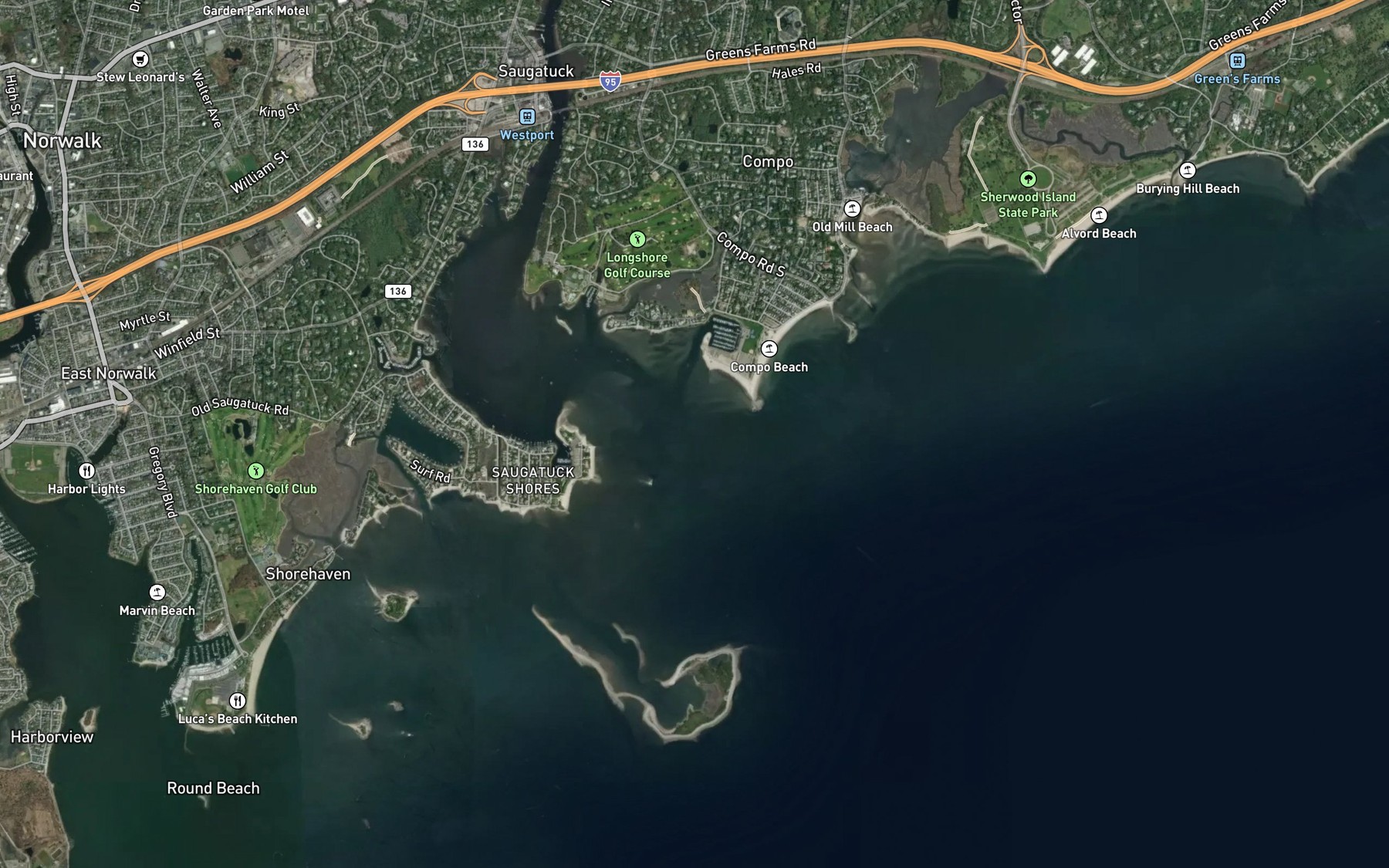 Satellite map of the Saugatuck River