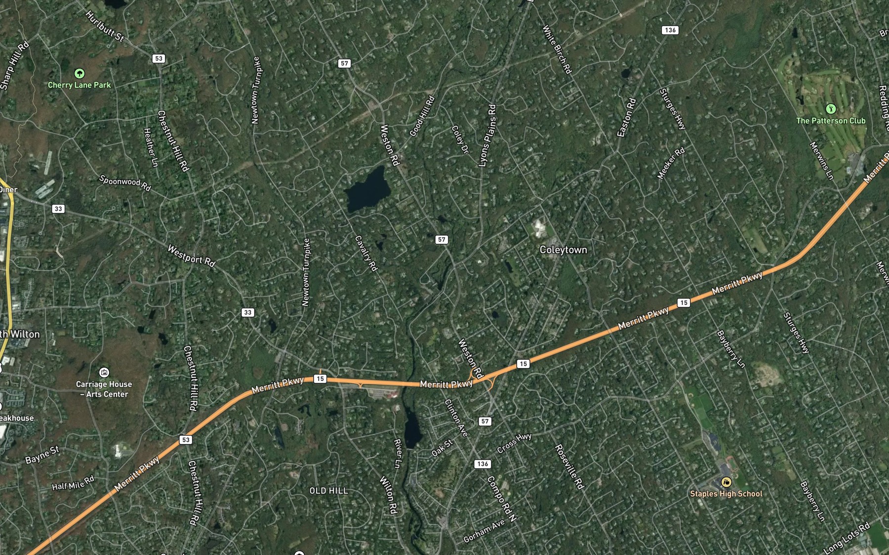 Satellite map of the Aspetuck River