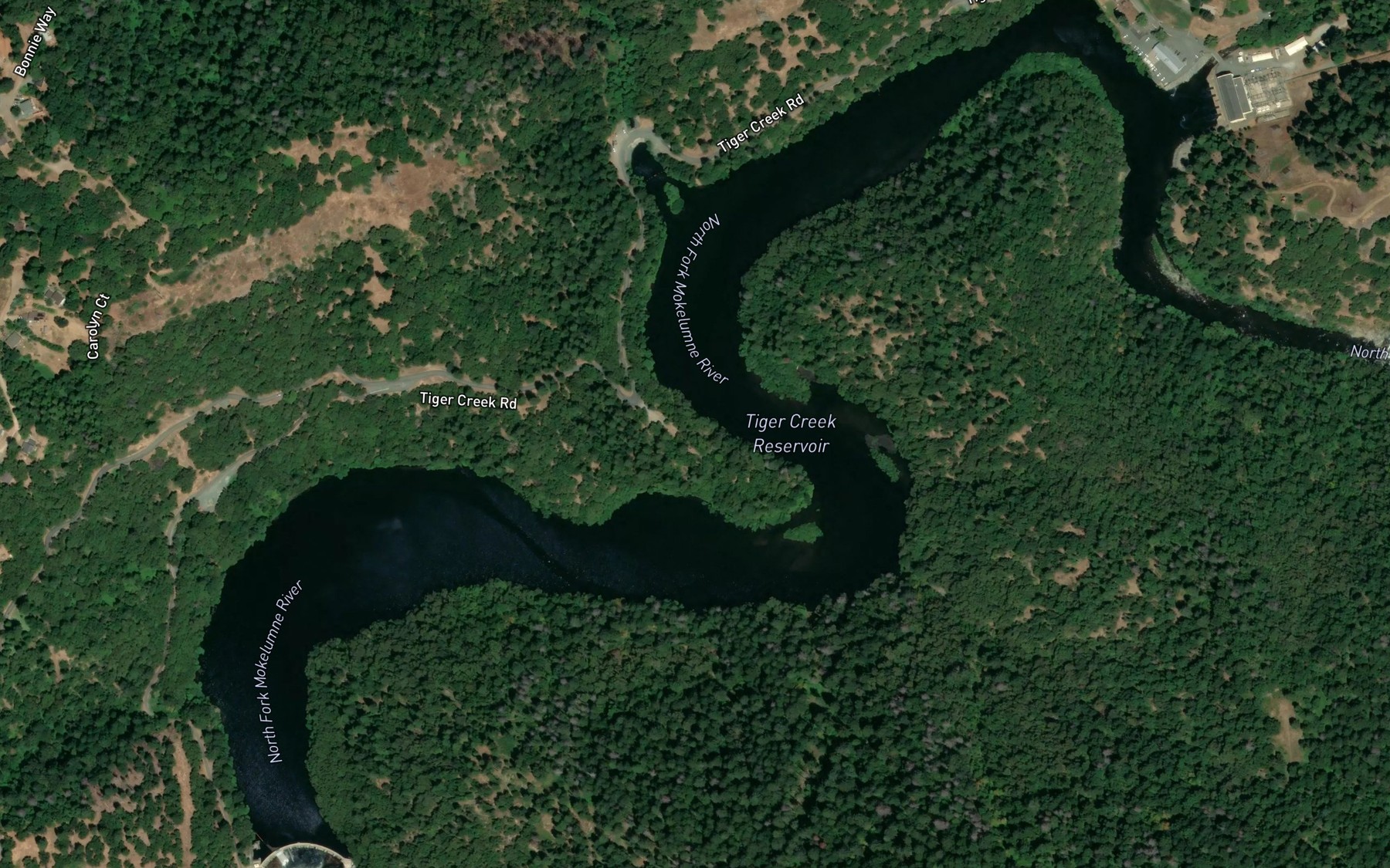 Satellite map of the Tiger Creek Reservoir