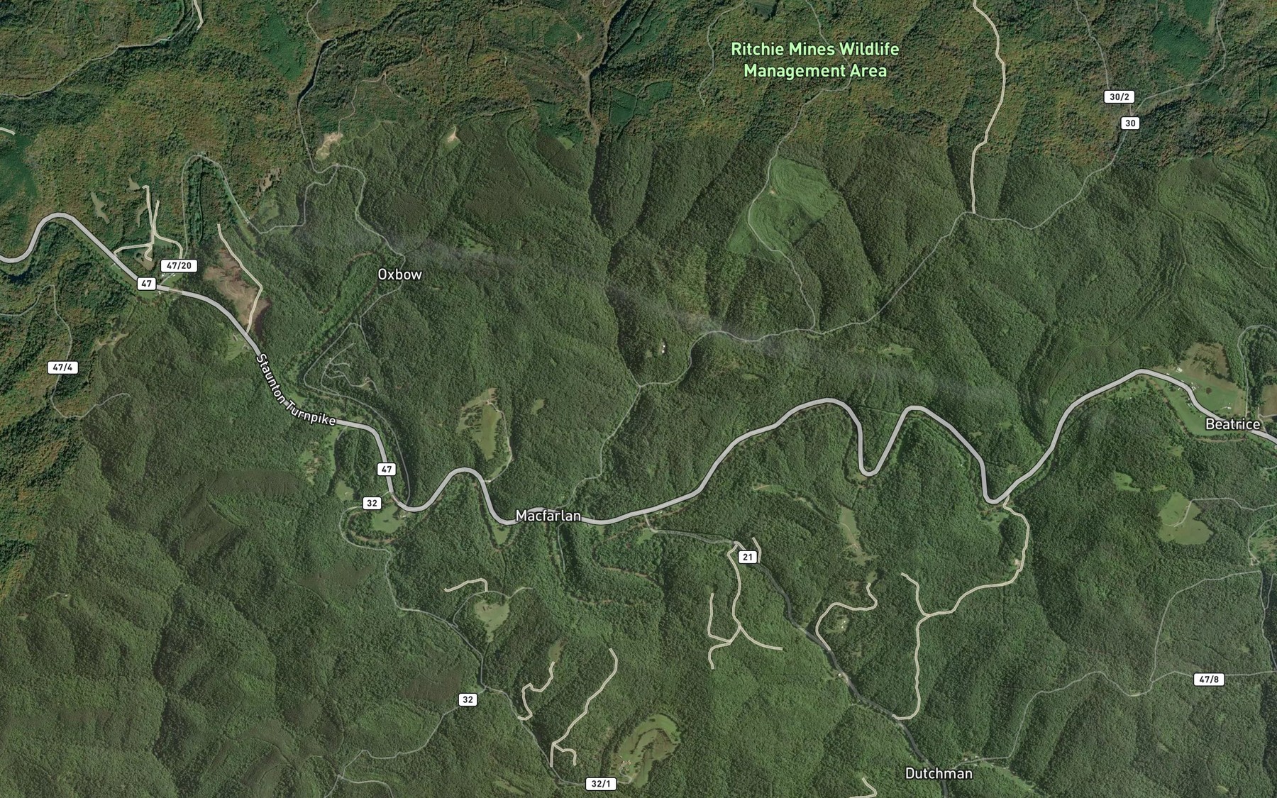 Satellite map of the Left Fork Macfarlan Creek