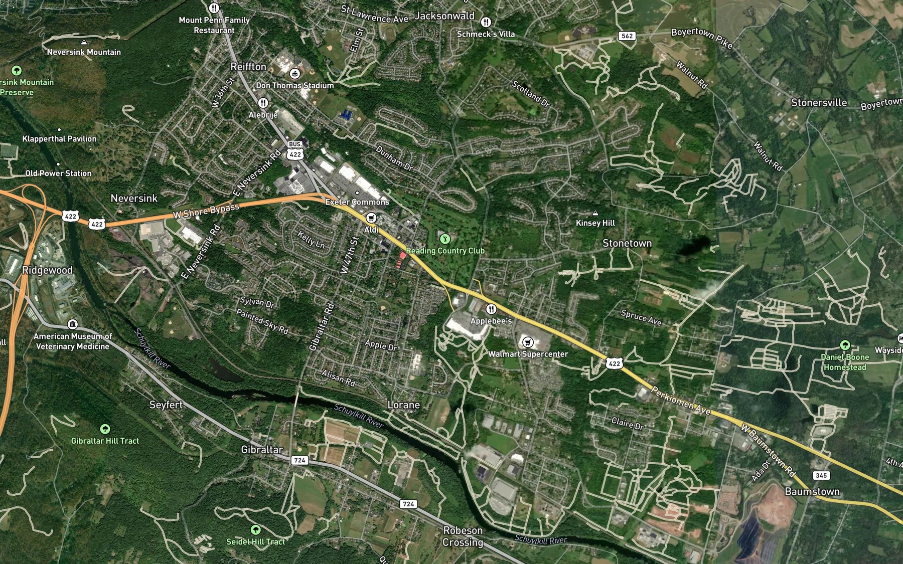 Satellite map of the Reading Country Club Spring