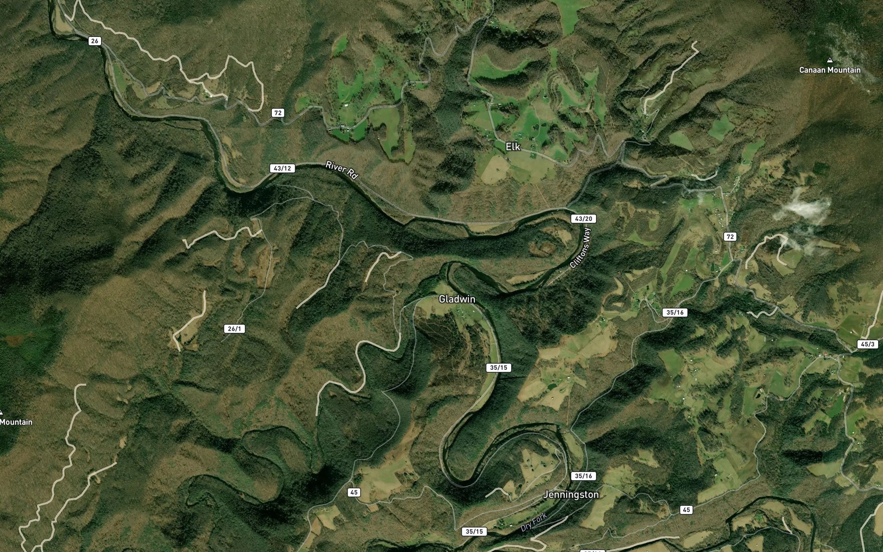 Satellite map of the Glady Fork