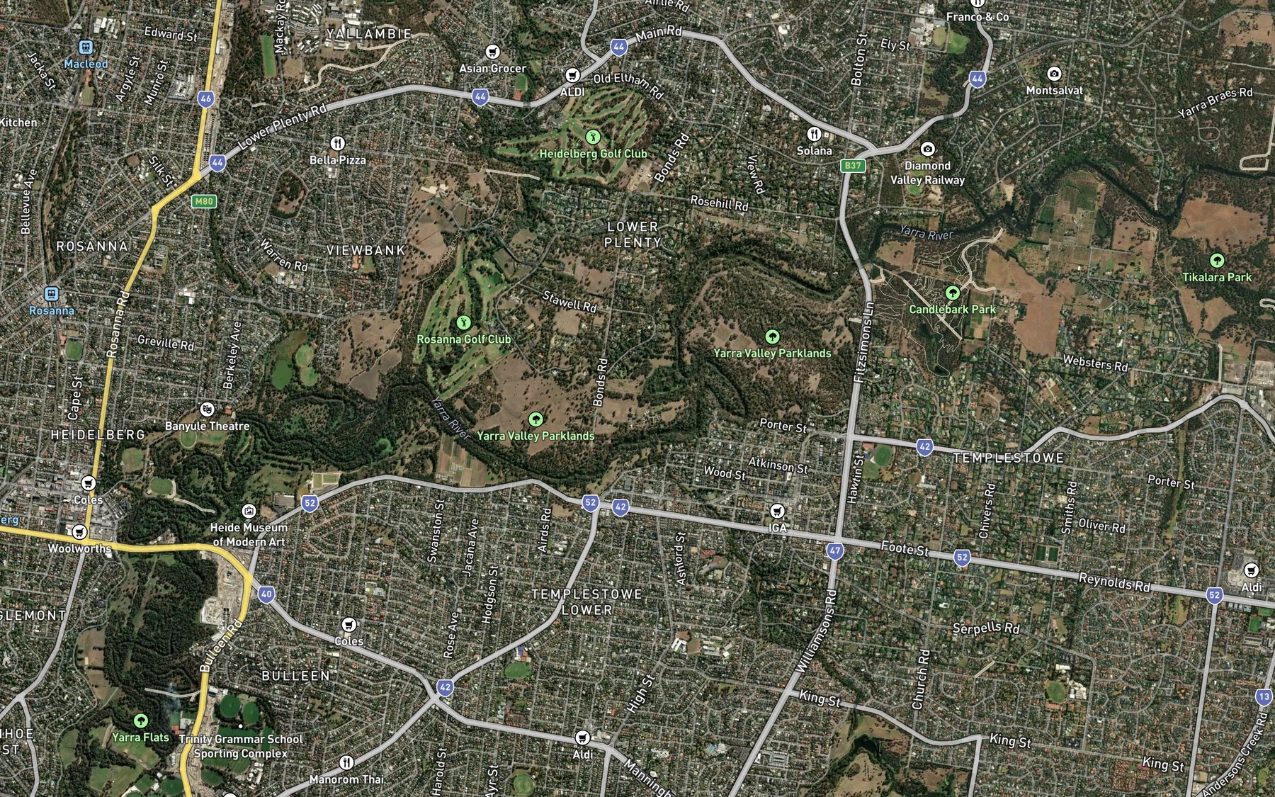 Satellite map of the Plenty River