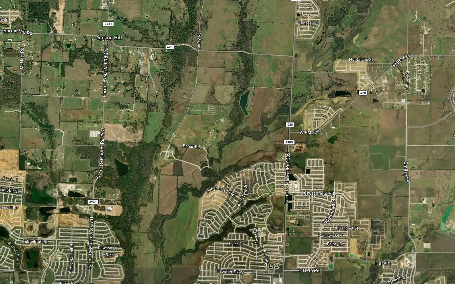 Satellite map of the Mustang Creek