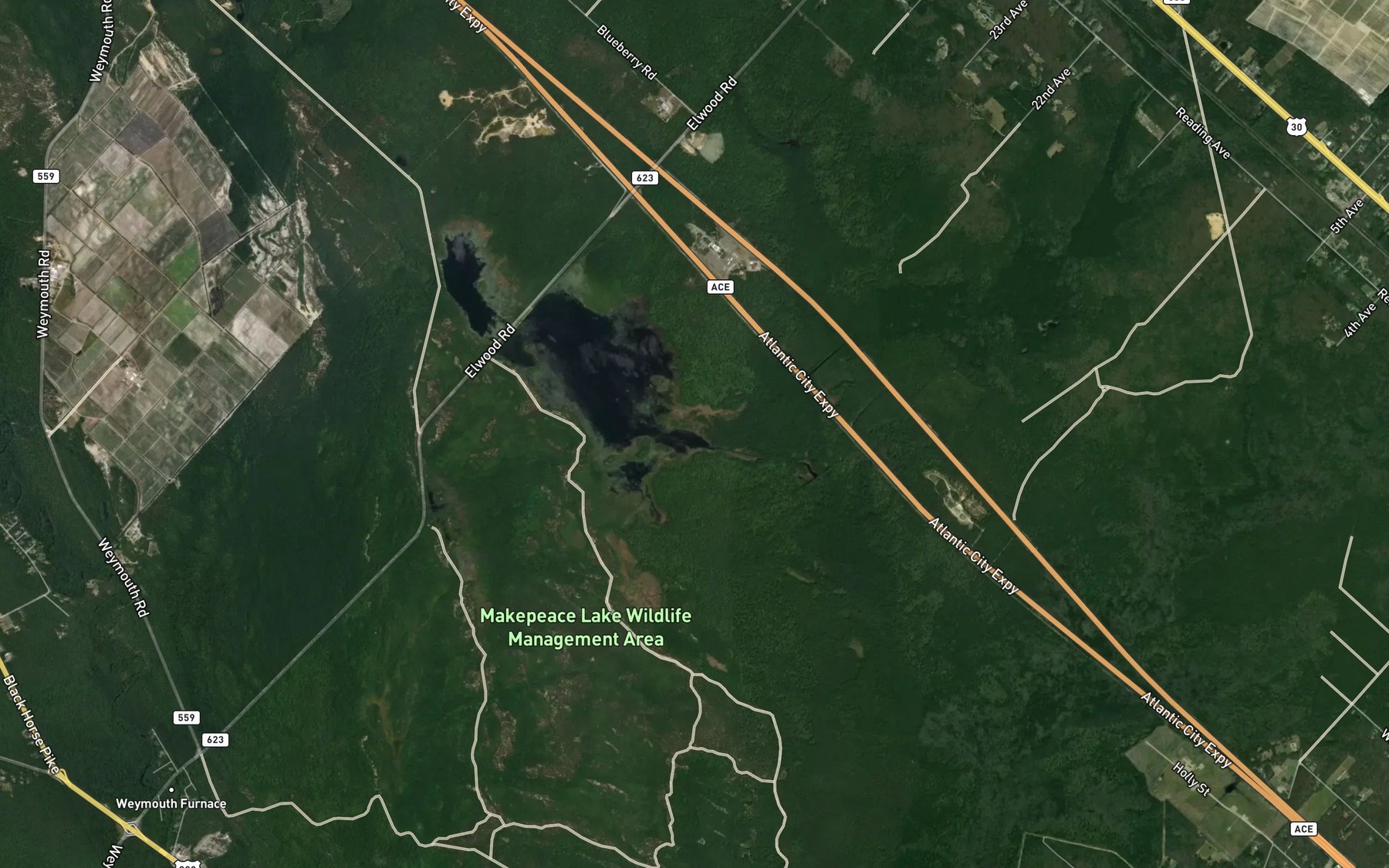Satellite map of the Makepeace Stream